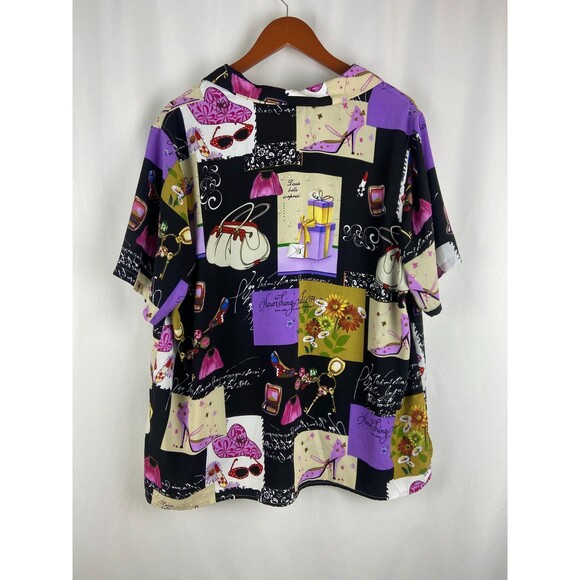 Susan Graver Women's 1X Top Fashion Girl Print Button Up Artsy Art To Wear Bold - Picture 2 of 9